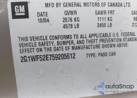 2005 Chevrolet Impala from USA, damaged, VIN 2G1WF52E759205612